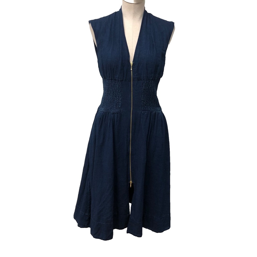 Anthropologie Tommie Smocked Front Zip Shirt Dress Denim Womens Small Petite